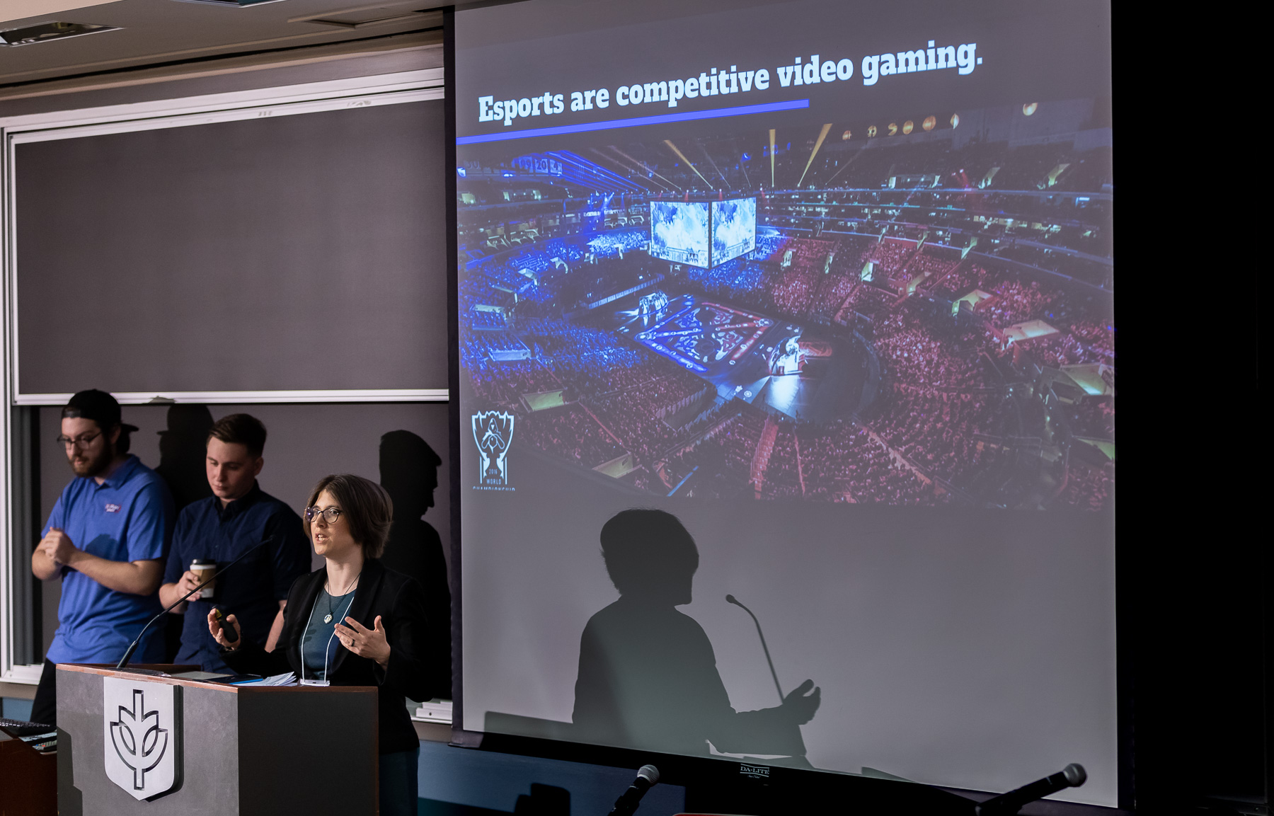 Samantha Close, assistant professor in the College of Communication, presents her project, Esports at DePaul: An Opportunity to Advance Vincentian Values & Establish Academic Leadership in a Cultural Phenomenon. (DePaul University/Jeff Carrion)